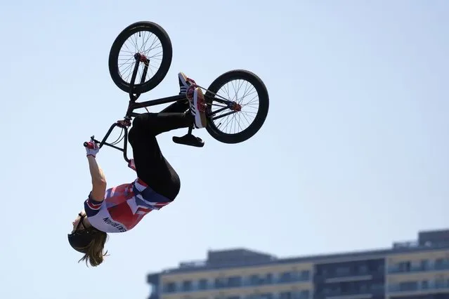 Charlotte Worthington of Britain competes in the women's BMX freestyle final at the 2020 Summer Olympics, Sunday, August 1, 2021, in Tokyo, Japan. (Photo by Ben Curtis/AP Photo)