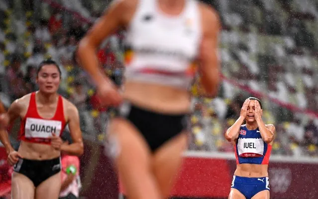 Amalie Iuel, of Norway reacts after a false start before a heat of the women's 400-meter hurdles at the 2020 Summer Olympics, Monday, August 2, 2021, in Tokyo, Japan. (Photo by Dylan Martinez/Reuters)