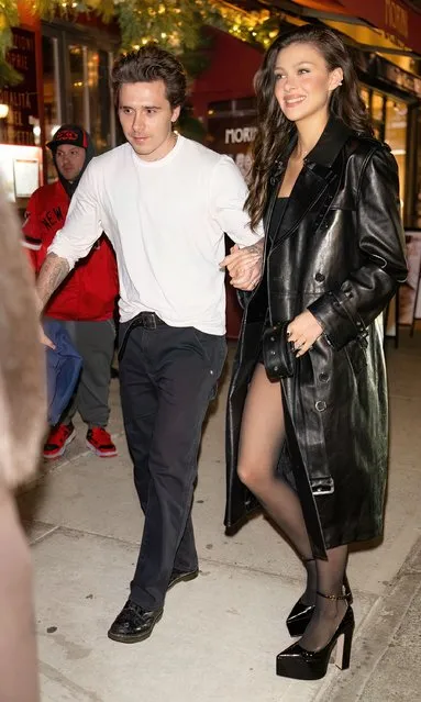 English socialite and former model Brooklyn Beckham and  his wife,Nicola Peltz are seen arriving to the YSL Beauty Candy Shoppe during New York Fashion Week on February 08, 2024 in New York City. (Photo by Gilbert Carrasquillo/GC Images)