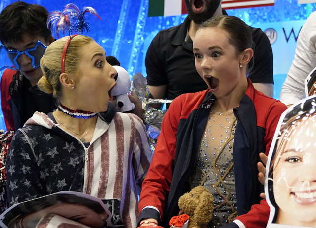 In this Saturday, April 13, 2019, file photo, Mariah Bell, center, of the U.S. reacts to her score with her teammates after performing her women's free program routine during the ISU World Team Trophy Figure Skating competition in Fukuoka, southwestern Japan. (Photo by Toru Hanai/AP Photo)