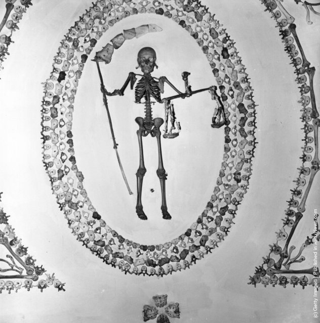 The ceiling design in the Capuchin monastery. Father Time is depicted as a skeleton ringed in vertebrae bones