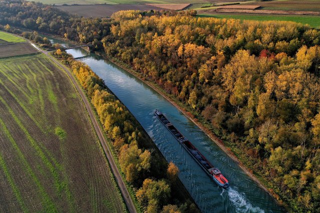 Golden and rusty leaves colour the autumn as a river barge navigates on the Canal du Nord, in Ruyaulcourt, France, November 3, 2021. Picture taken with a drone. (Photo by Pascal Rossignol/Reuters)