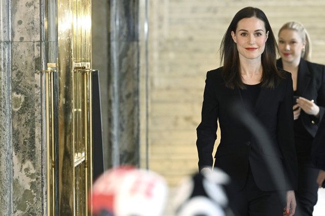 Social Democratic Party SDP chair and Finnish Prime Minister Sanna Marin arrives to meet with the media at the Parliament in Helsinki, Finland, Wednesday, April 5, 2023. Marin announced that she will not seek another term as chair of SDP. (Photo by Heikki Saukkomaa/Lehtikuva via AP Photo)