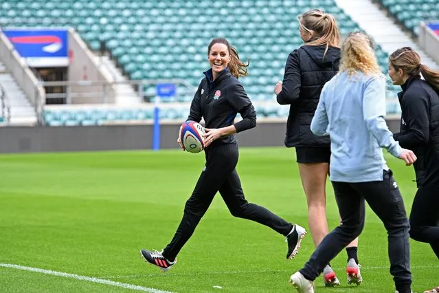 Catherine, Duchess of Cambridge takes part in an England rugby training session, after becoming Patron of the Rugby Football Union at Twickenham Stadium on February 02, 2022 in London, England. (Photo by Kate Green/Getty Images)