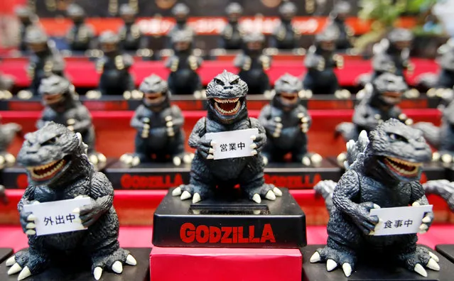 Folcart co's Godzilla Solar Mascots are displayed at the International Tokyo Toy Show in Tokyo, Japan June 9, 2016. (Photo by Toru Hanai/Reuters)