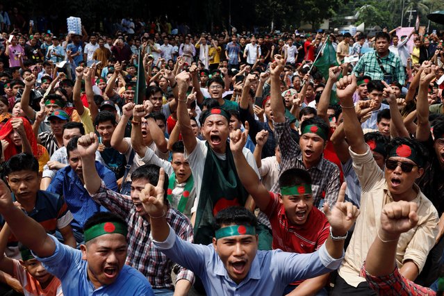 Bangladeshi indigenous people chant slogans as they protest demanding withdrawal of military from the Chittagong Hill Tracts (CHT) following a clash between indigenous people, Bengalis and the military, centring the death of a Bengali person in Khagrachhari district, at the University of Dhaka, in Dhaka, Bangladesh, on September 20, 2024. (Photo by Mohammad Ponir Hossain/Reuters)
