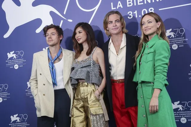 Harry Styles, from left, Gemma Chan, Chris Pine and director Olivia Wilde pose for photographers at the photo call for the film “Don't Worry Darling” during the 79th edition of the Venice Film Festival in Venice, Italy, Monday, September 5, 2022. (Photo by Joel C. Ryan/Invision/AP Photo)