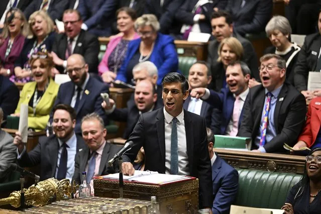 In this handout photo provided by UK Parliament, Britain's Prime Minister Rishi Sunak speaks during Prime Minister's Questions in the House of Commons in London, Wednesday, October 26, 2022. (Photo by Jessica Taylor/UK Parliament via AP Photo)