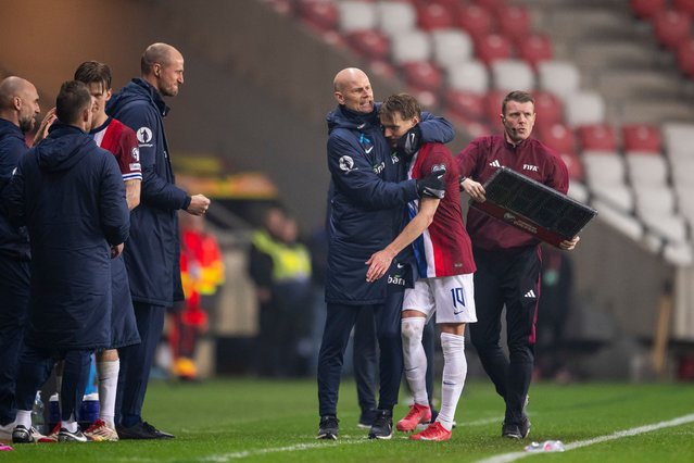Head coach Ståle Solbakken and Martin Ødegaard of Norway during the FIFA World Cup Qualifier football match between Israel and Norway on March 25, 2025 in Debrecen, Norway on March 25, 2025. (Photo by Vegard Grøtt/Bildbyrån/Rex Features/Shutterstock)