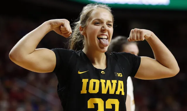 Iowa guard Kathleen Doyle celebrates during the second half of the team's NCAA college basketball game against Iowa State, Wednesday, December 6, 2017, in Ames, Iowa. Iowa won 61-55. (Photo by Charlie Neibergall/AP Photo)