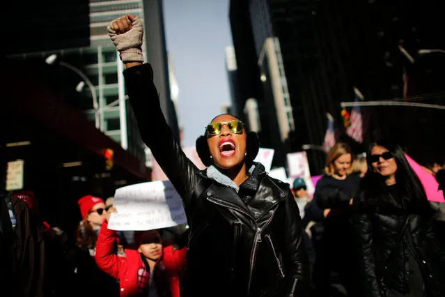 A woman shouts as she attends the Womens March on New York City on January 20, 2018 in New York City. (Photo by Kena Betancur/AFP Photo)