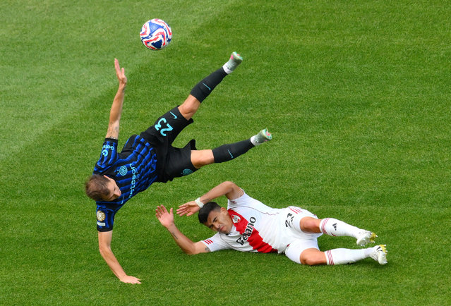 Inter Milan’s Nicolo Barella, left, tries to avoid a clash with River Plate’s Marcos Acuna in their Fifa Club World Cup match in Seattle on June 25, 2025. (Photo by Steven Bisig/Reuters)