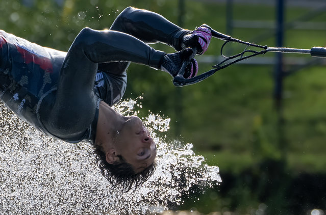 Tristan Duplan Fribourg of France tricks during the men's preliminary event at the 2025 IWWF World U21 Water Ski Championships at Predator Bay Water Ski Club on August 1, 2025 in Calgary, Alberta, Canada. (Photo by Johnny Hayward/Getty Images)