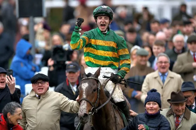 John Gleeson riding A Dream to Share celebrates winning the Champion Bumper during day two of the Cheltenham Festival 2023 at Cheltenham Racecourse on March 15, 2023 in Cheltenham, England. (Photo by Michael Steele/Getty Images)