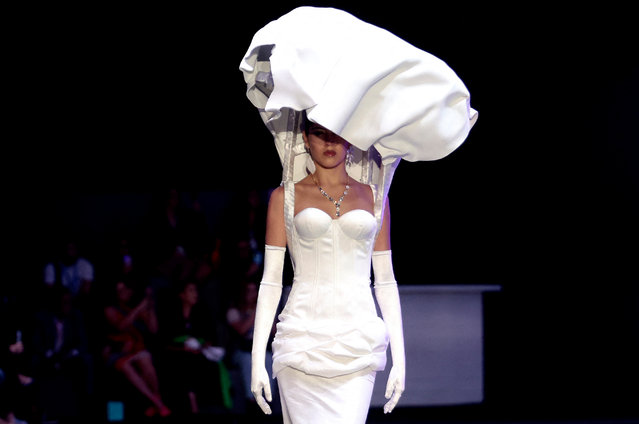 A model presents a creation from the summer-winter collection “Las 002” by designer Jannette Klein during the 81st edition of Intermoda in Guadalajara, Jalisco State, Mexico on July 17, 2024. (Photo by Ulises Ruiz/AFP Photo)