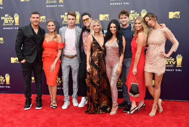 TV personalities Jax Taylor, Brittany Cartwright, James Kennedy, Ariana Madix, Tom Sandoval, Scheana Shay, Stassi Schroeder, Kristen Doute, and Tom Schwartz attend the 2018 MTV Movie And TV Awards at Barker Hangar on June 16, 2018 in Santa Monica, California. (Photo by Frazer Harrison/Getty Images)