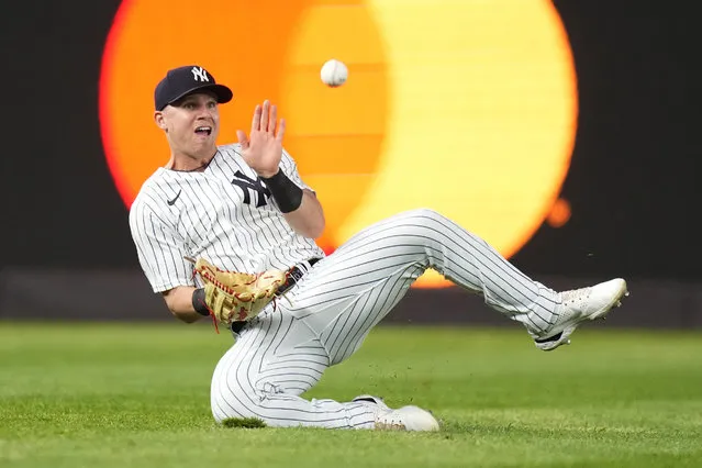 New York Yankees left fielder Jake Bauers catches a ball hit by Baltimore Orioles' Adam Frazier for the out during the eighth inning of a baseball game Wednesday, July 5, 2023, in New York. (Photo by Frank Franklin II/AP Photo)