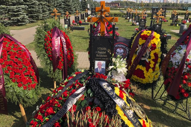 A view of the grave of Dmitry Utkin, who oversaw Wagner Group's military operations, at the Federal Military Memorial Cemetery in Mytishchy, outside Moscow, Russia, Thursday, August 31, 2023. Utkin, whose military call sign Wagner gave the name to the group, is presumed to have died in a plane crash along with Wagner's owner Yevgeny Prigozhin and other military company's officers was buried at the Federal Military Memorial Cemetery in Mytishchy, outside Moscow on Thursday. (Photo by Alexander Zemlianichenko/AP Photo)