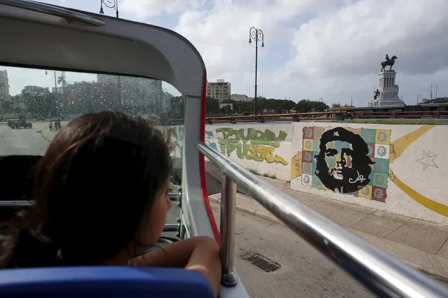 A tourist from Peru looks at a graffiti of revolutionary hero Ernesto “Che” Guevara from the top of a double decker sightseeing bus in Havana in this January 17, 2016 picture. (Photo by Alexandre Meneghini/Reuters)