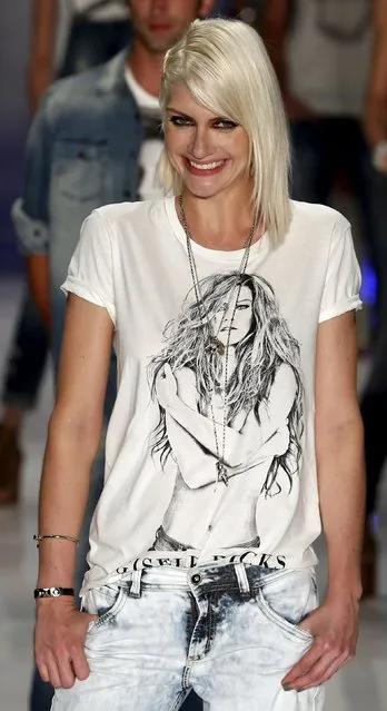 Brazilian model Ana Claudia Michels wears a shirt with the image of Gisele Bundchen at the end of the Colcci Summer 2016 Ready To Wear collection show during Sao Paulo Fashion Week in Sao Paulo April 15, 2015. (Photo by Paulo Whitaker/Reuters)