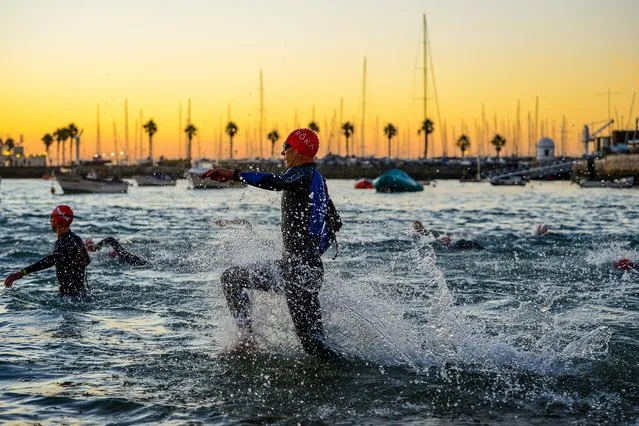 Athletes warm-up prior the swim leg of IRONMAN 70.3 Portugal Cascais on October 24, 2021 in Cascais, Portugal. (Photo by Octavio Passos/Getty Images for IRONMAN)