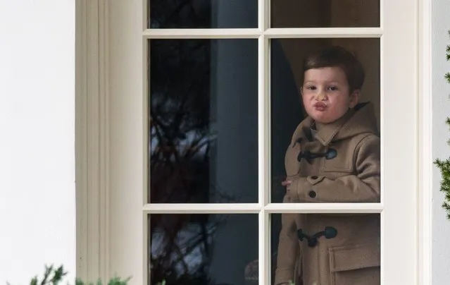 Joseph Kushner, grandson of US President Donald Trump, looks out of an Oval Office window before boarding Marine One from the South Lawn of the White House on February 17, 2017 in Washington, DC. (Photo by Mandel Ngan/AFP Photo)