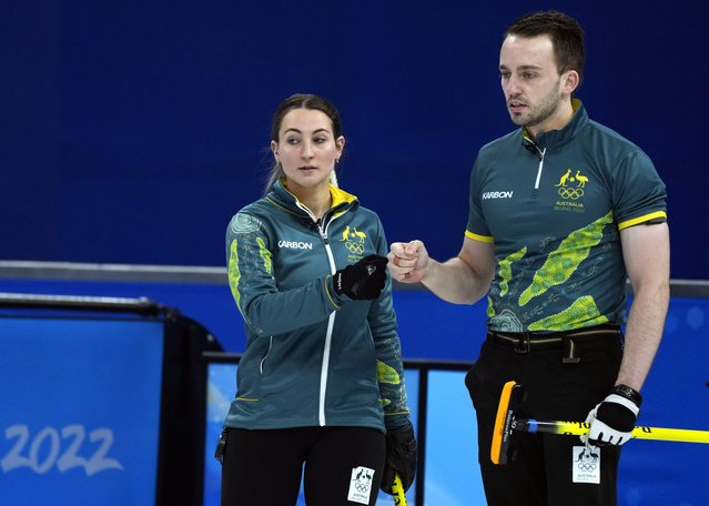 Australia's Tahli Gill, and Dean Hewitt, compete, during the mixed doubles match against Norway, at the 2022 Winter Olympics, Saturday, February 5, 2022, in Beijing. (Photo by Nariman El-Mofty/AP Photo)