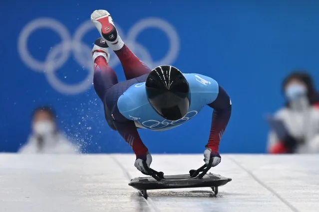 South Korea's Jung Seung-gi competes in the men's skeleton event at the Yanqing National Sliding Centre during the Beijing 2022 Winter Olympic Games in Yanqing on February 10, 2022. (Photo by Daniel Mihailescu/AFP Photo)
