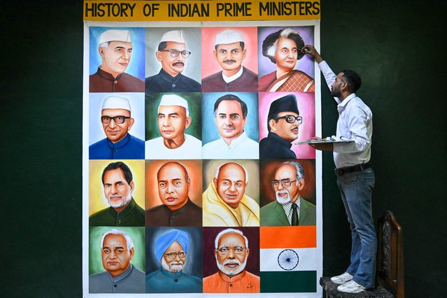 An artist paints portraits of Indian prime ministers at his workshop in Amritsar on June 7, 2024. (Photo by Narinder Nanu/AFP Photo)