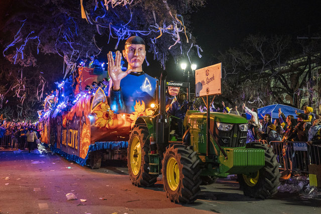 The Mr. Spock float rolls in the 2023 Krewe of Bacchus parade on February 19, 2023 in New Orleans, Louisiana. (Photo by Erika Goldring/Getty Images)