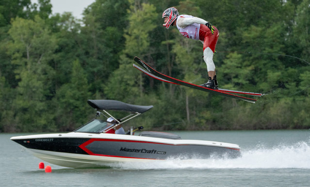 Alex Paradis of Quebec jump skis during the Canadian Waterski Nationals at Safari Lake Waterski Club on August 18, 2024 in Stabane, Ontario, Canada. (Photo by Johnny Hayward/Getty Images)