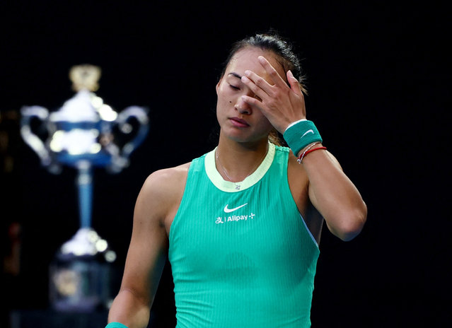 Qinwen Zheng of China reacts in the Women's Singles Final match against Aryna Sabalenka during day fourteen of the 2024 Australian Open at Melbourne Park on January 27, 2024 in Melbourne, Australia. (Photo by Eloisa Lopez/Reuters)