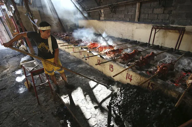 Filipino cook Manny Paroginog arranges hot charcoal under roasting pigs in Quezon city, north of Manila, Philippines on Friday December 23, 2016. Roasted pig is popular during Filipino celebrations and traditionally served during a Christmas eve dinner called “Noche Buena” in this predominantly Roman Catholic nation. (Photo by Aaron Favila/AP)