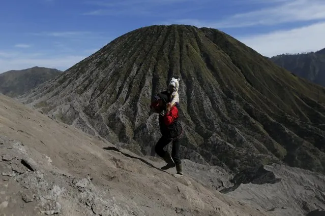 A man carries a child on his back as they climb the slope of Bromo mountain to attend the  Kasada Festival in Probolinggo, Indonesia's East Java province, August 1, 2015. (Photo by Reuters/Beawiharta)