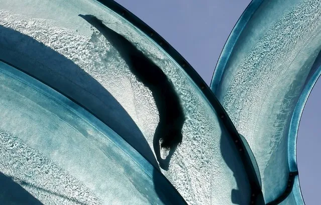 A visitor is silhouetted as she slides down a huge water pipe at a public swimming pool on a hot sunny day in Vienna, Austria, July 22, 2015. (Photo by Leonhard Foeger/Reuters)