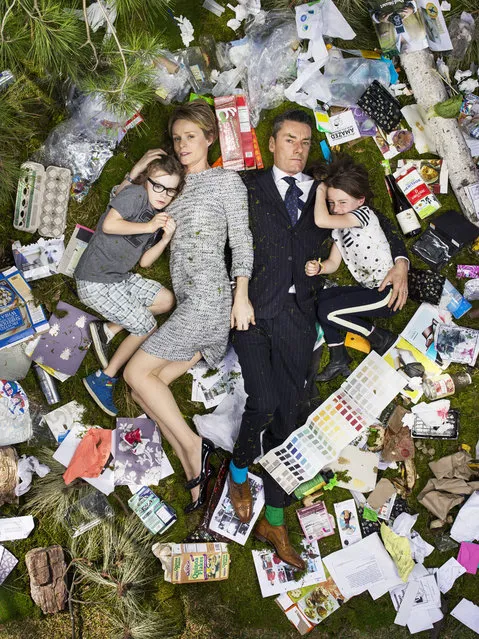 Alfie, Kirsten, Miles and Elly surrounded by seven days of their own rubbish and trash on May 15, 2011 in Pasadena, California. (Photo by Gregg Segal/Barcroft Media)