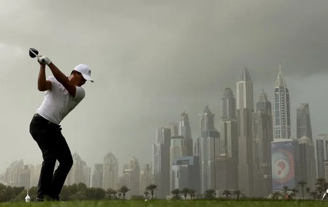 China's Ashun Wu tees off on the 8th hole during the final round of the Dubai Desert Classic golf tournament in Dubai, United Arab Emirates, Sunday, January 26, 2020. (Photo by Kamran Jebreili/AP Photo)