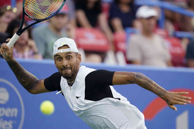 Nick Kyrgios, of Australia, prepares to hit a forehand to Marcos Giron, of the United States, at the Citi Open tennis tournament in Washington, Tuesday, August 2, 2022. (Photo by Carolyn Kaster/AP Photo)
