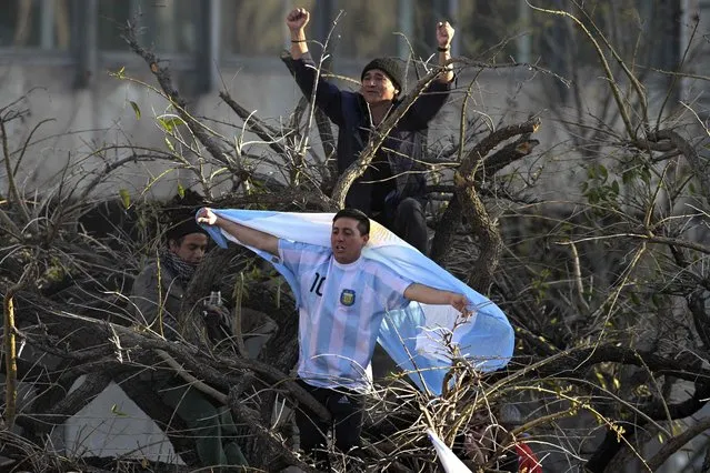 Supporters of Argentina's Vice President Cristina Fernandez de Kirchner are seen climbing a tree at Plaza de Mayo square in Buenos Aires on September 2, 2022. Messages of shock and solidarity poured in from around the world Friday after a man tried to shoot Argentine Vice President Cristina Kirchner in an attack captured on video Political and labor unions at home called for mass demonstrations countrywide to denounce Thursday's assault against Kircher, who survived because the handgun aimed at her face from very close range failed to go off. (Photo by Juan Mabromata/AFP Photo)