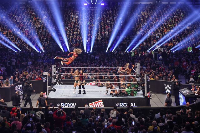 Charlotte Flair in air during the Women's Royal Rumble at Lucas Oil Stadium on February 1, 2025 in Indianapolis, Indiana. (Photo by WWE/WWE via Getty Images)
