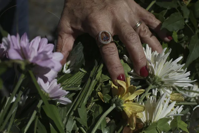 In this November 12, 2017 photo, a woman wearing an Our Lady of the Rosary ring touches flowers on the Saint Sebastian pole that was paraded during the Azorean Culture Festival which celebrates the culture of the Azores, the Portuguese island chain in the mid-Atlantic, in Enseada de Brito, in Brazil's Santa Catarina southern state. People surround the pole to pull off the flowers and make their requests to St. Sebastian, known locally for helping those who are single find their match. (Photo by Eraldo Peres/AP Photo)