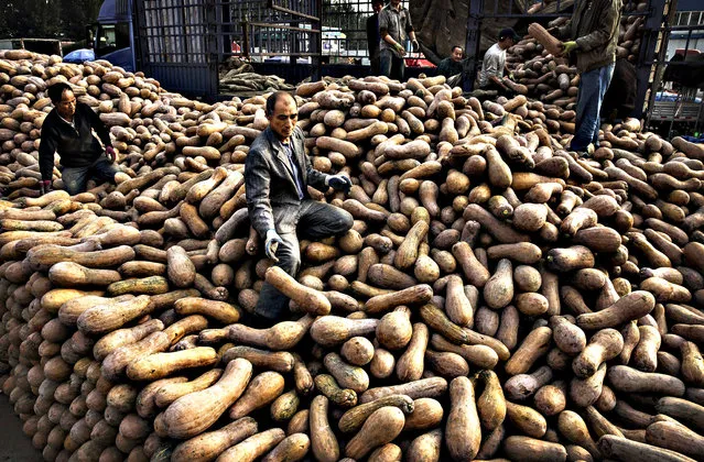 Chinese vendors pile squash to sell at a local food market on October 14, 2015 in Beijing, China. China's inflation rate rose 1.6 percent in September, falling short of expectations of a 1.4% increase. (Photo by Kevin Frayer/Getty Images)