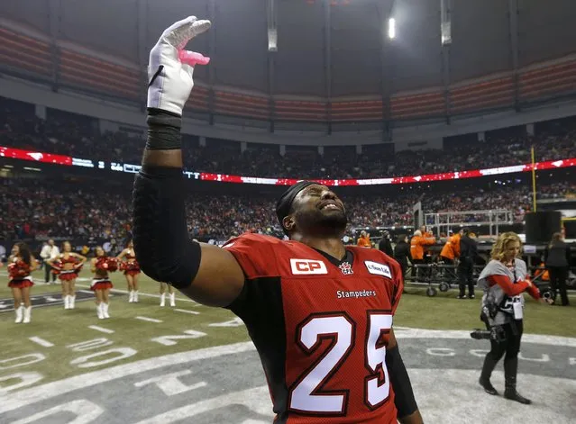 Calgary Stampeders' Keon Raymond reacts after the Stampeders defeated the Hamilton Tiger Cats in the CFL's 102nd Grey Cup football championship in Vancouver, British Columbia, November 30, 2014. (Photo by Todd Korol/Reuters)