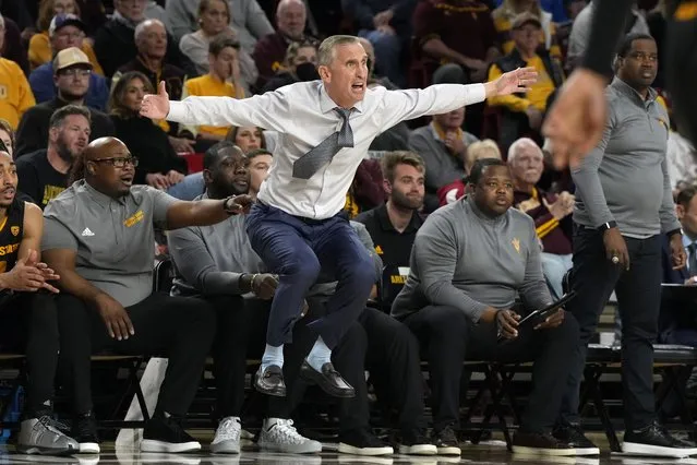 Arizona State coach Bobby Hurley reacts to a foul call during the first half of the team's NCAA college basketball game against Colorado, Thursday, February 16, 2023, in Tempe, Ariz. (Photo by Rick Scuter/AP Photoi)