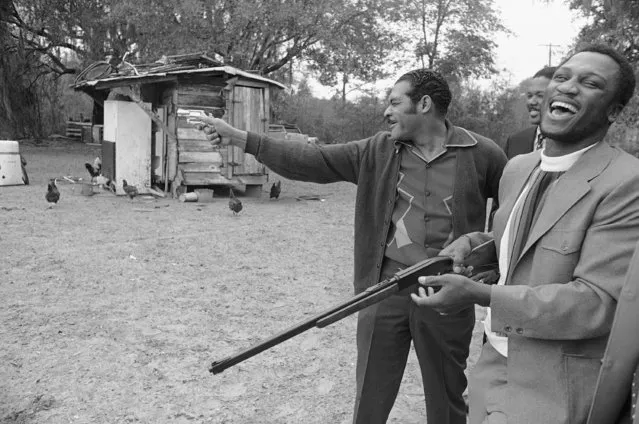 Heavyweight boxing champion Joe Frazier breaks into laughter as his body guard, Tom Payne, misses a tin can during some target practice at the Frazier home in a rural area near the coastal city of Beaufort, S.C. on April 6, 1971. Frazier missed more than he hit and said he hadn't held a gun in 10 years. (Photo by Lou Krasky/AP Photo)