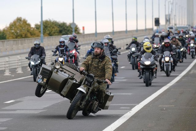 Bikers take part in the charity Hoggin the Bridge bike ride from the Aust services to Caldicot, UK on October 13, 2024. Organised by Caldicot Motorcycle club and Gympanzees, a charity for fun and fitness for disabled kids. Charities supported this year are the Welsh Air Ambulance, Caldicot food bank and Gympanzees. (Photo by JMF News/Alamy Live News)