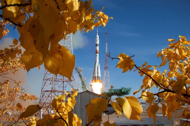 The Soyuz MS-17 spacecraft carrying the crew formed of Kathleen Rubins of NASA, Sergey Ryzhikov and Sergey Kud-Sverchkov of the Russian space agency Roscosmos blasts off to the International Space Station (ISS) from the launchpad at the Baikonur Cosmodrome, Kazakhstan on October 14, 2020. (Photo by Russian space agency Roscosmos/Handout via Reuters)