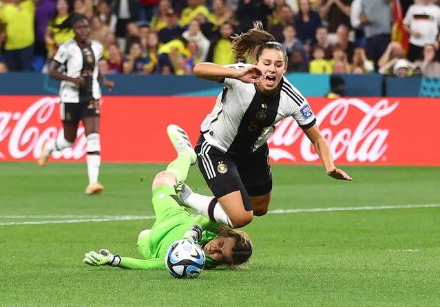 Catalina Perez of Colombia fouls Lena Oberdorf of Germany leading to a penalty for Germany during the FIFA Women's World Cup Australia & New Zealand 2023 Group H match between Germany and Colombia at Sydney Football Stadium on July 30, 2023 in Sydney / Gadigal, Australia. (Photo by Carl Recine/Reuters)