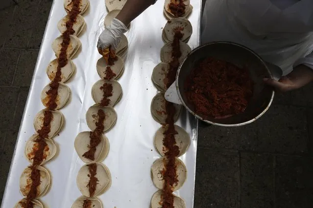 A chef prepares tacos of Cochinita Pibil, a popular dish from Yucatan, in an attempt to break the Guinness World Record for the world's longest taco in Guadalajara February 15, 2015. (Photo by Alejandro Acosta/Reuters)