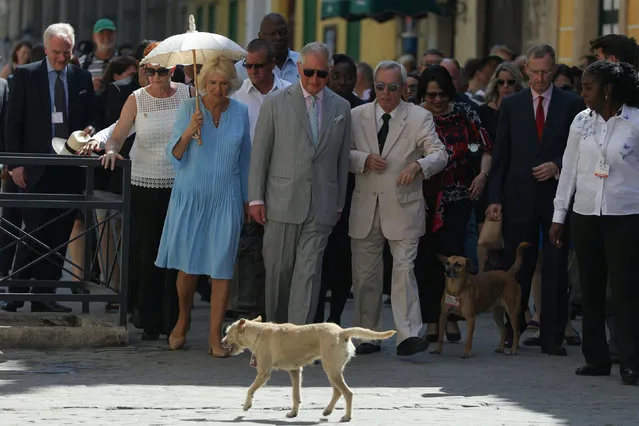 Britain's Prince Charles and Camilla, Duchess of Cornwall, walk with Eusebio Leal, the official historian of Havana in Old Havana, Cuba on March 25, 2019. (Photo by Alexandre Meneghini/Reuters)